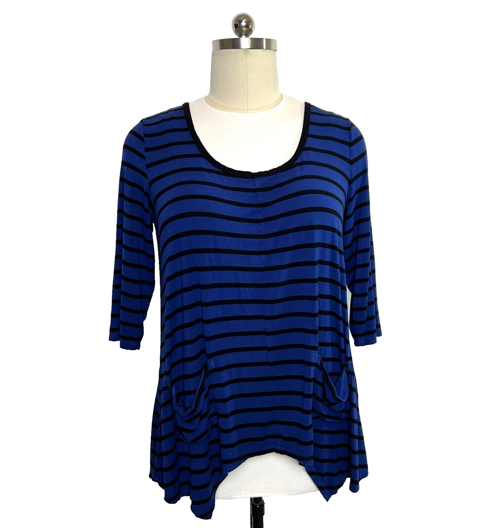 Grace Elements - Women's 2X Blouse Royal Blue Black Stripe 2 Pocket 3/4 Sleeve
